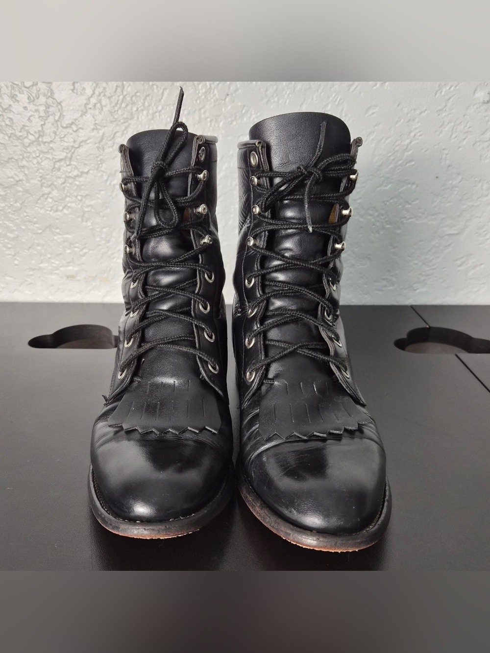Justin Vintage Black Leather Lace-Up Roper Boots Western Fringe Kiltie Size 6 - Picture 3 of 11